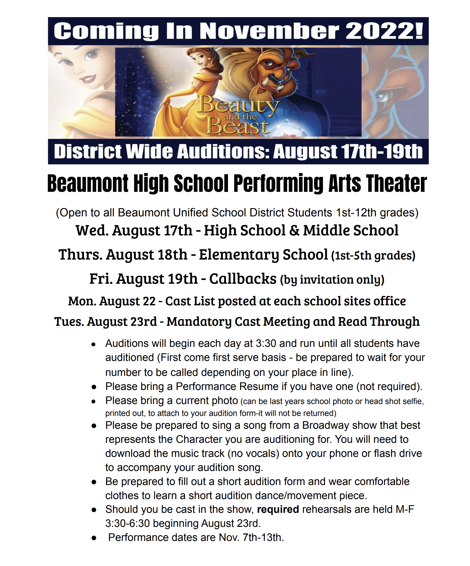 Flyer with image of Beauty and the Beast with information on auditions.